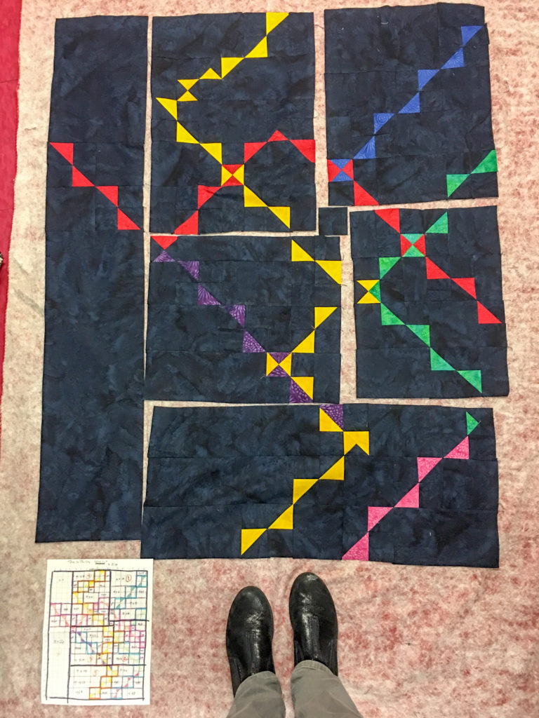 sections pieced and laid out for modern quilt